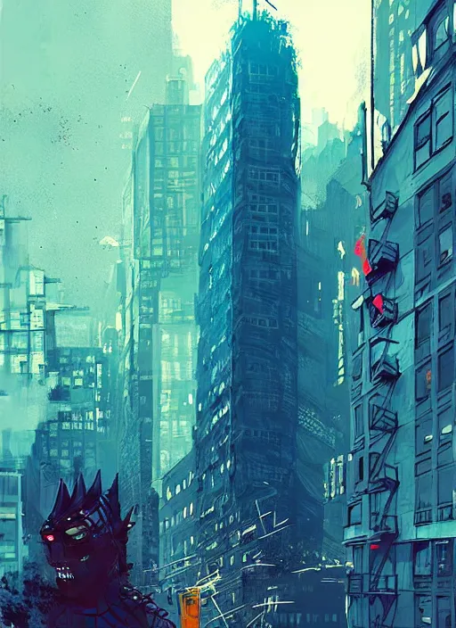 Image similar to kaiju in new york, blue building in the background, art by ismail inceoglu