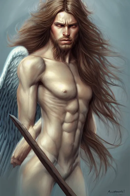 Image similar to Nearthendahl man angels, primitive facial features, fantasy, long hair, highly detailed, digital painting, artstation, concept art, smooth, sharp focus, illustration, art by artgerm and manara