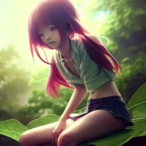 Prompt: very very small little girl by ross tran, sitting on a gigantic green leaf by sana takeda, rtx reflections, octane 1 2 8 k, extreme high intricate details, digital anime art by wlop, medium shot, mid - shot, composition by ilya kuvshinov, lighting by greg rutkowski