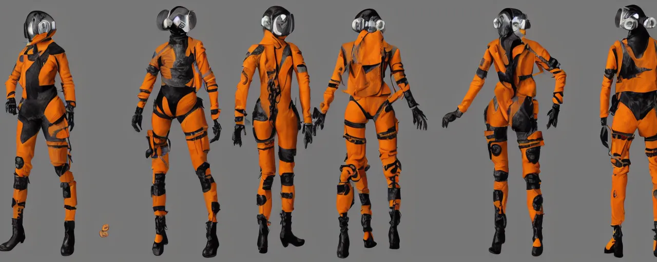 Prompt: character design, fashion reference sheet, gaunt, 70's jetfighter pilot girl, optimistic, dirty yellow and orange flight suit, scuffed exoskeleton in a dark hangar, concept art, photorealistic, hyperdetailed, 3d rendering!, studio lighting , art by Frazetta,