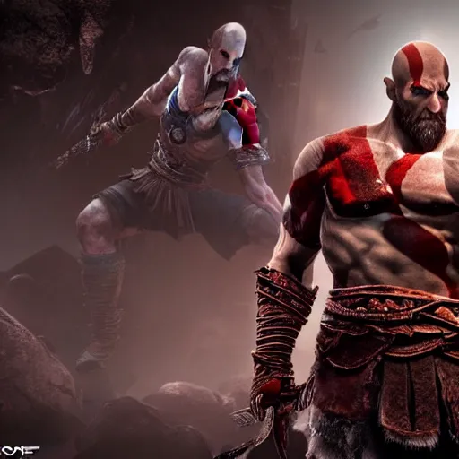 Prompt: title screen of the game god of war with Kratos and Spiderman high fiving | Sony Pictures official media