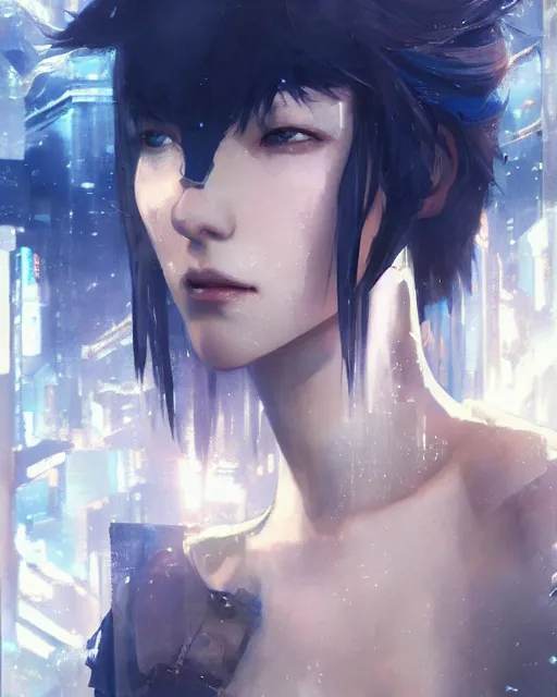 Prompt: still from ghost in the shell if made by krenz cushart and wenjun lin, portrait, illustration, rim light, top light, summer clear blue sky, perfectly shaded, soft painting, epic, intricate, art