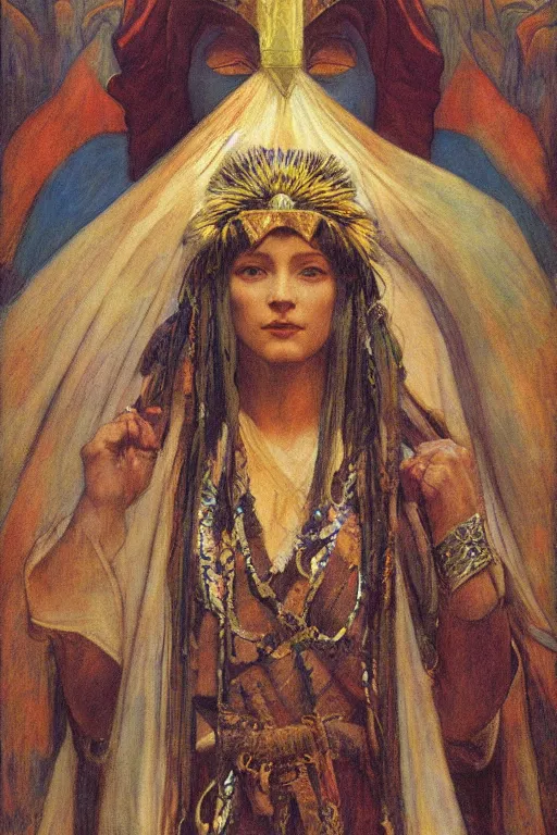 Image similar to queen of the dawn mountains with her regalia, by Annie Swynnerton and Nicholas Roerich and jean delville, dramatic cinematic lighting , ornate headdress , flowing robes, lost civilizations, extremely detailed