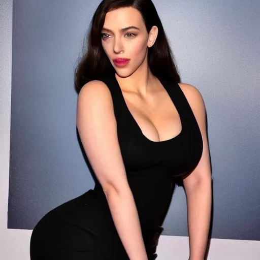 Image similar to a woman who is a genetic combination of kim kardashian and kat dennings and scarlett johansson and margot robbie and emma watson, face and upper - body focus, detailed eyes