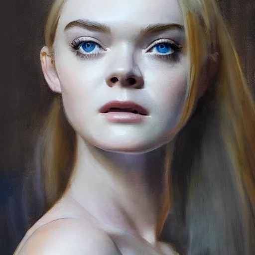 Prompt: ultra realistic medium shot portrait painting of elle fanning in prey, art by frank frazetta and j. c. leyendecker, 4 k, ultra realistic, highly detailed, epic lighting