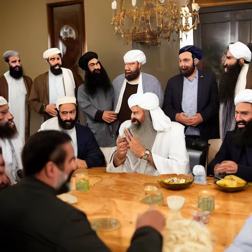 Image similar to 4 k hdr portrait wide angle photo of president joe biden as a taliban muslim leader with a beard laughing at a dinner table meeting surrounded by taliban terrorist leaders who are dancing with oil barrels in the background