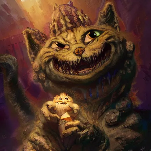 Image similar to a eldritch god of garfield the cat, evil, eldritch, lovecraftian, craig mullins