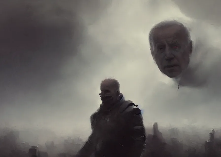 Prompt: abstract obscure painting of Joe Biden head emerging from thick dark clouds, immense crowd of varied people, cosmic horror , trending on ArtStation, masterpiece, by Greg Rutkowski, by Ross Tran, by Fenghua Zhong, octane, lightbeam eyes, soft render, clear facial features, oil on canvas, moody lighting, cinematic, professional detailed environmental concept art