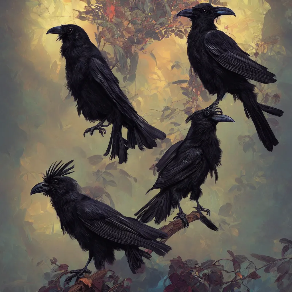 Prompt: beautiful black raven bird with ornate headgear, cute, intricate, highly detailed, digital painting, trending on artstation, concept art, smooth, sharp focus, backlit, rim light, vivid colors, illustration, unreal engine 5, 8 k, art by rossdraws and alphonse mucha