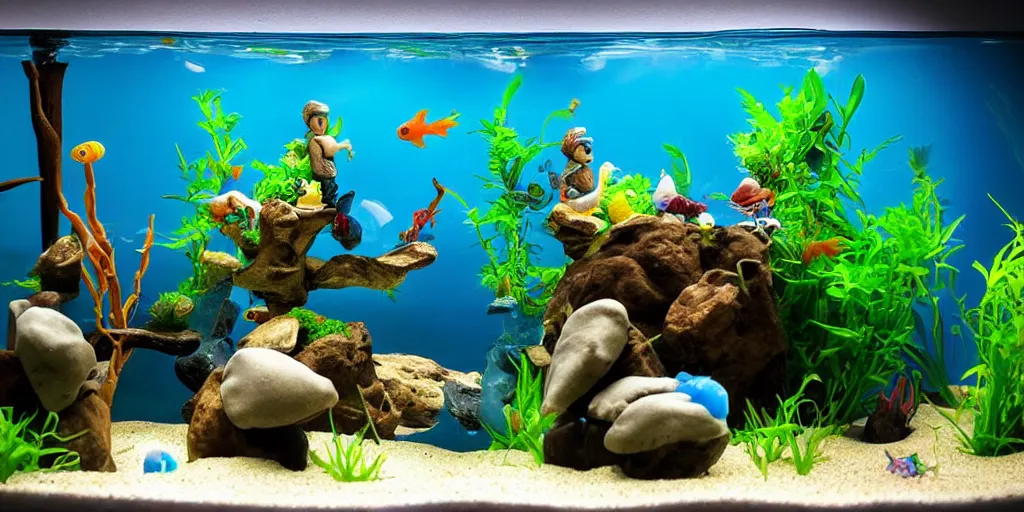 Prompt: fish tank in waiting room. siamese fighting fish. plasticine model in water. figures clay. tilt shift. clay figure. surreal. tropical fish tank with sand. strange. weird. astrix and obelisk. bubbles form pump. tintin. hands. tank. wallace and gromit. aquatic photography. photorealistic. waiting room