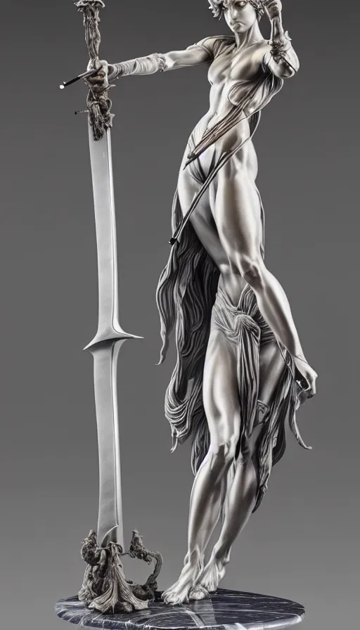 Prompt: a statue of a woman holding a sword, a marble sculpture by ayami kojima, cgsociety, les automatistes, made of plastic, made of liquid metal, marble sculpture