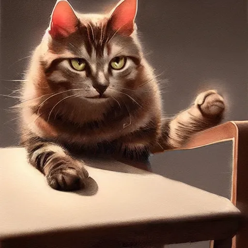 Prompt: cat sitting in a chair, painting, by greg rutkowski and igor kieryluk, photo realistic, dynamic lighting, artstation, poster, volumetric lighting, very detailed face, 8 k, award winning