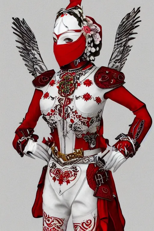 Image similar to female adventurer in tight full - body white embroidered leather armor of vyshyvanka design with red accents and a red porcelain crow mask, trending in artstation, ukrainian, establishing shot