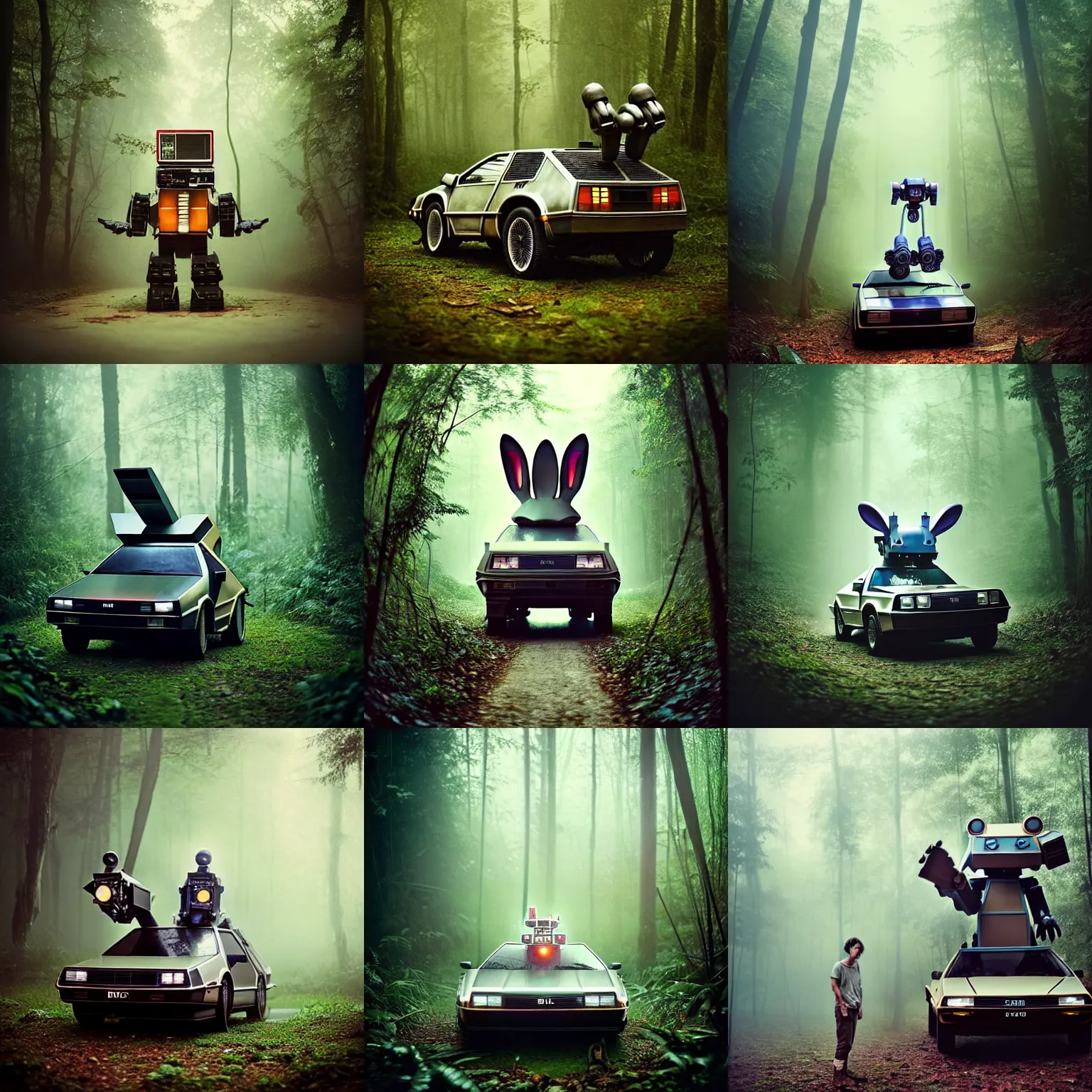 Prompt: low saturation photograph!! giant oversized battle rabbit robot fusion with delorean chubby mech transformers, in forest jungle, cinematic focus, polaroid photo, vintage, neutral dull colors, soft lights, foggy, overcast by oleg oprisco, by thomas peschak, by discovery channel, by victor enrich, by gregory crewdson