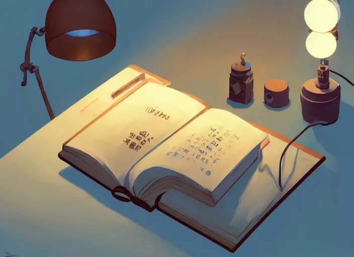 Image similar to books on working table at home, detailed, cory loftis, james gilleard, atey ghailan, makoto shinkai, goro fujita, studio ghibli, rim light, exquisite lighting, clear focus, very coherent, plain background, soft painting by ashley wood, dynamic lighting, gradient light blue, brown, blonde cream and white color scheme, grunge aesthetic