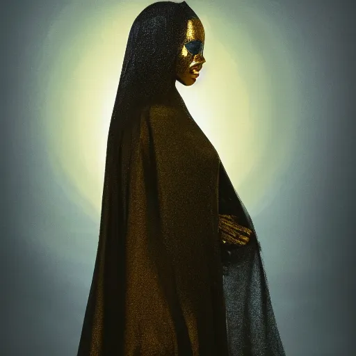 Prompt: a portrait of a young black woman wearing a long dark cloak, hood and shadows covering face, wearing shiny gold, oil painting, matte painting, black background, Volumetric Golden dappled dynamic lighting, Highly Detailed, Cinematic Lighting, Unreal Engine, 8k, HD, by Beksinski