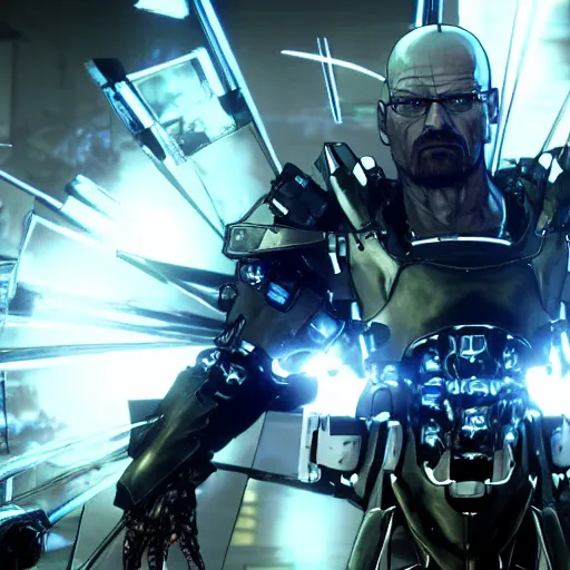 Image similar to Screenshot of Walter White with cybernetic battle armor as a boss in metal gear rising, highly detailed, 4k concept art
