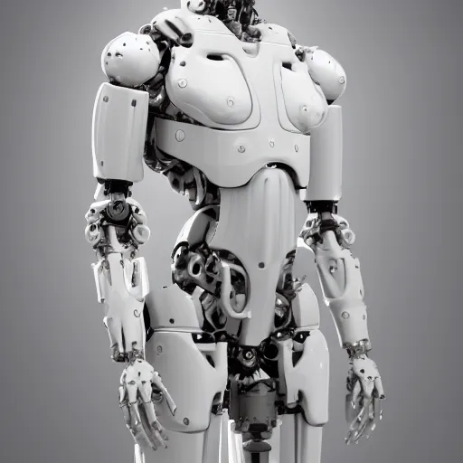 Prompt: beautiful centered fine art photo of jesus christ as a solarpunk robotic humanoid, white mechanical parts with led lights, bouguereau style pose, photorealistic, white background, highly detailed and intricate, soft box lighting, hdr 8 k
