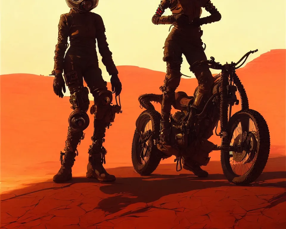 Image similar to a ultradetailed beautiful panting of post apocalyptic biker with helmet in front of burning desert, by ilya kuvshinov, greg rutkowski and makoto shinkai, trending on artstation