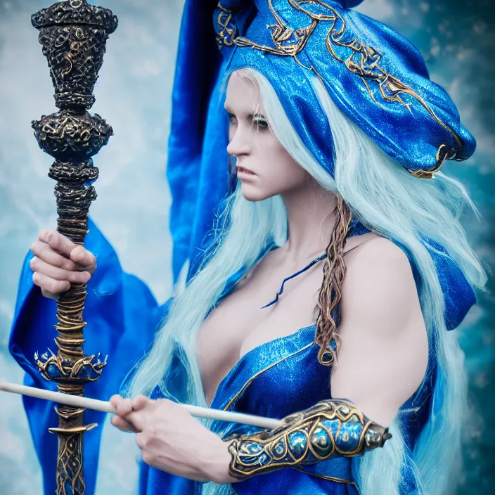 Image similar to photograph of a real-life beautiful elemental water witch with ornate blue robes and staff. Extremely detailed. 8k