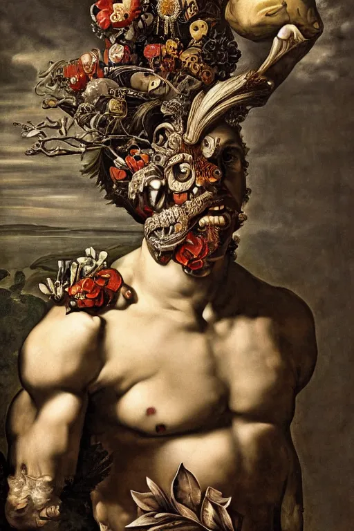 Image similar to Detailed maximalist portrait a Greek god with large white eyes and an angry face, fleshy body, botany, HD mixed media 3d collage, highly detailed and intricate, surreal illustration in the style of Caravaggio, dark art, baroque