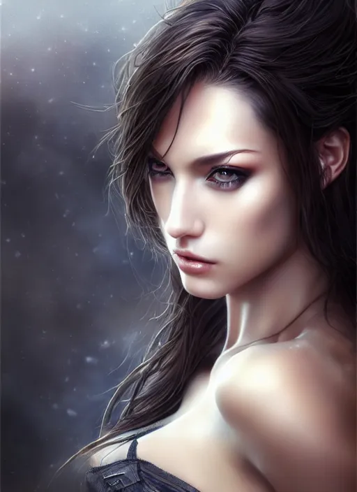 Image similar to photo of a gorgeous female in the style of stefan kostic, realistic, half body shot, sharp focus, 8 k high definition, insanely detailed, intricate, elegant, art by stanley lau and artgerm, luis royo half body portrait, greg kutkowski