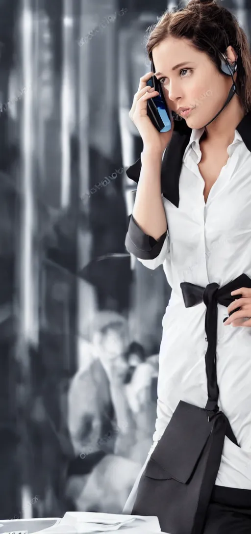 Image similar to girl on the phone, business clothing, movie poster style