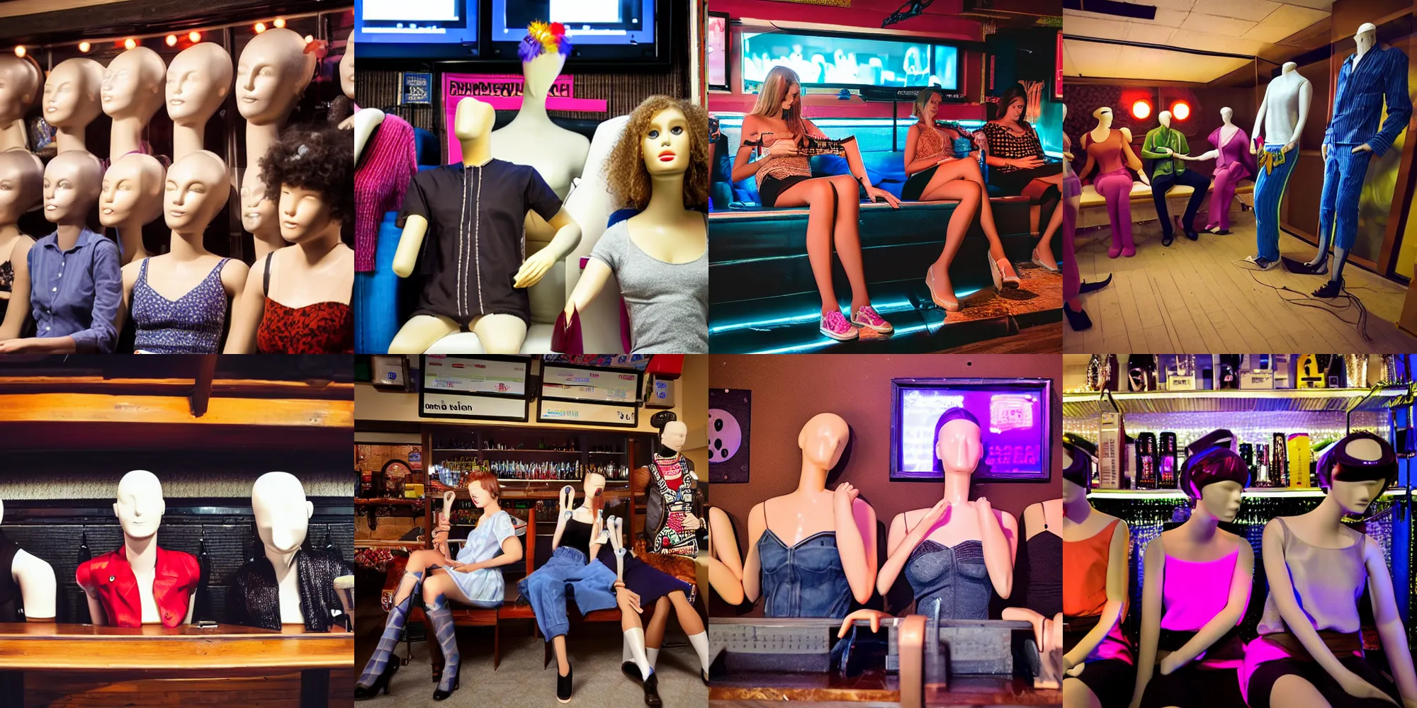 Prompt: store mannequins relax at a karaoke bar