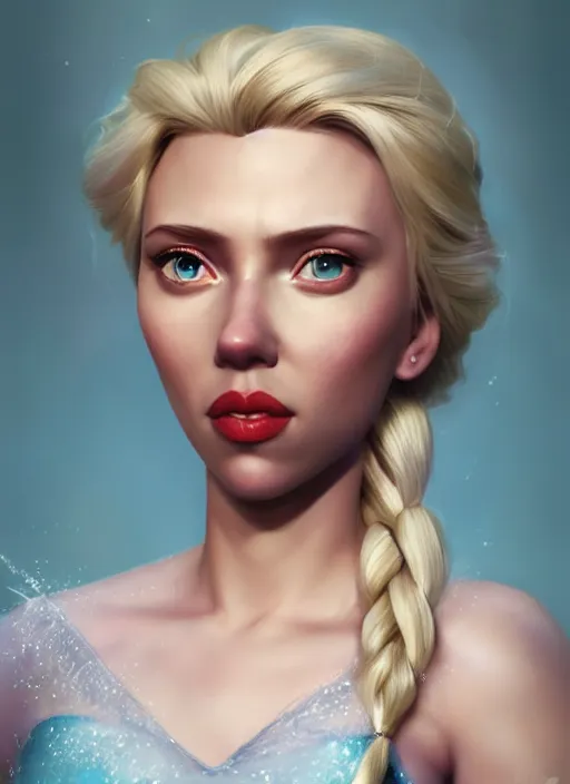 Prompt: Elsa from frozen portrait of Scarlett Johansson, au naturel, hyper detailed, digital art, trending in artstation, cinematic lighting, studio quality, smooth render, unreal engine 5 rendered, octane rendered, art style by klimt and nixeu and ian sprigger and wlop and krenz cushart