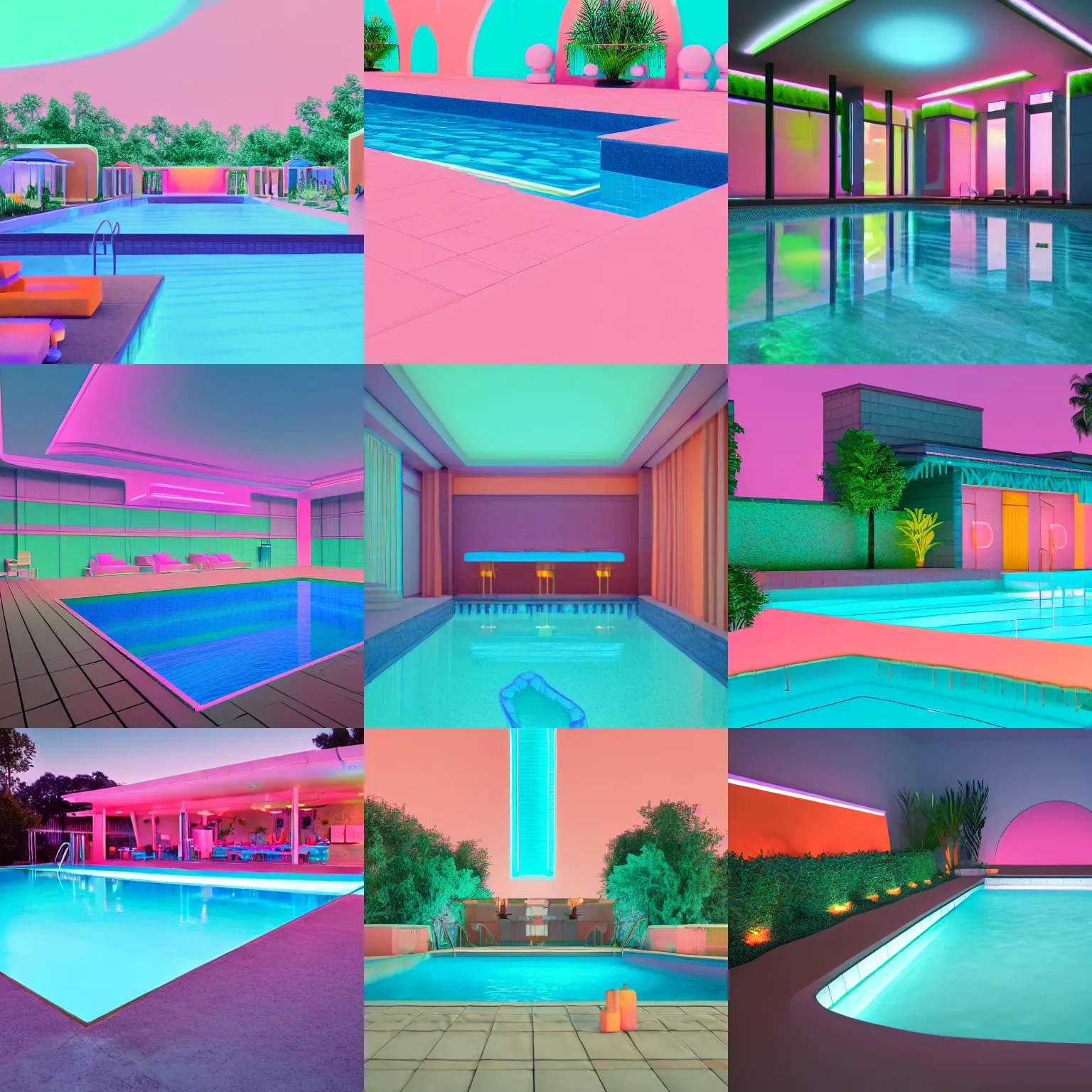 Prompt: archviz photo of a 1980s still life scene of a liminal swimming pool, 1985 art deco revival style, peach and teal pastel complimentary colors + complimentary neon lighting, 8k, v-ray, ray tracing