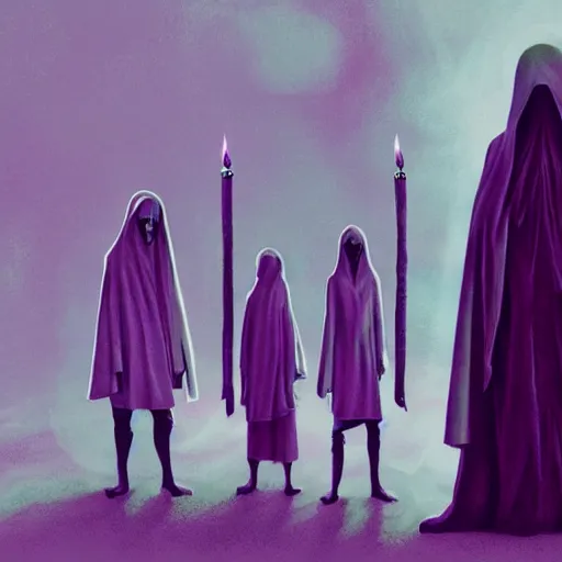 Prompt: dark occult ritual, cult of hooded creatures, cold pastel colors, 8k, realistic dim lighting