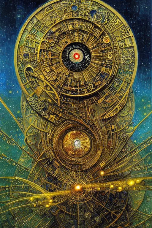 Image similar to The Tomorrow Machine by Karol Bak, Jean Deville, Gustav Klimt, and Vincent Van Gogh, otherworldly, fractal structures, arcane, clockface, spiral clock, inferno, inscribed runes, ornate gilded medieval icon, third eye, spirals