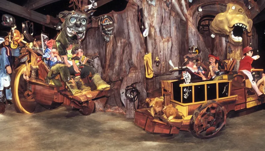 Image similar to 1990s photo of inside the Dogboy's Pirate Adventures ride ride at Universal Studios in Orlando, Florida, riding an animatronic dog through a Pirate village , cinematic, UHD