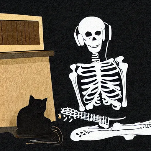 Image similar to skeleton wearing headphones watching girl playing guitar with her black cat standing next to her, digital art