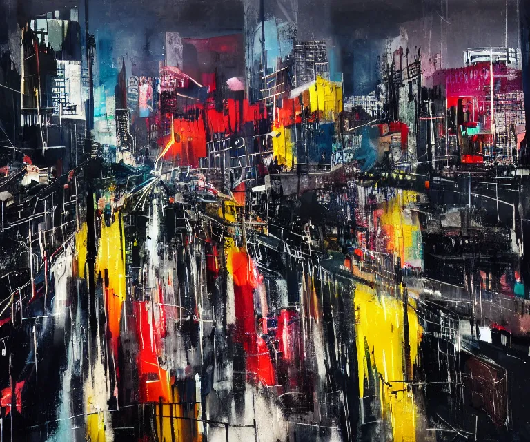 Image similar to acrylic and spraypaint of a metropolitan cityscape at night with wet pavement and reflections, painting, paint drips, acrylic, clear shapes, spraypaint, smeared flowers, origami crane drawings, oil pastel gestural lines, large triangular shapes, painting by ashley wood, basquiat, jeremy mann, masterpiece