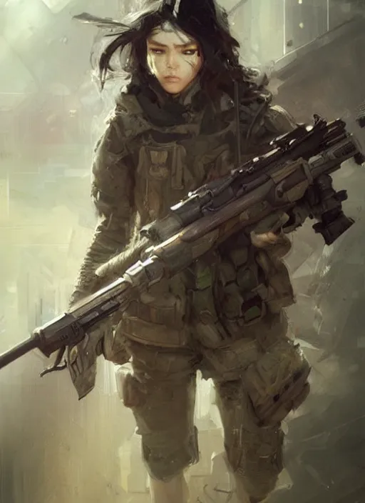 Image similar to of a sniper girl in war, portrait, by ruan jia and ross tran, detailed, epic, video game art.