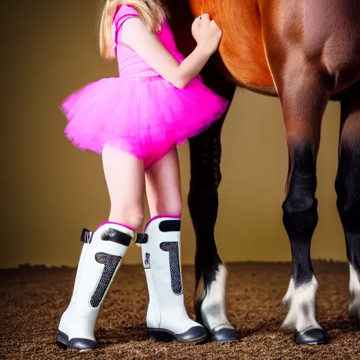 Image similar to young girl with rider boots, next to her is a pink pony, photo taken by nikon, sharp focus, highly detailed, studio lightning, 4 k