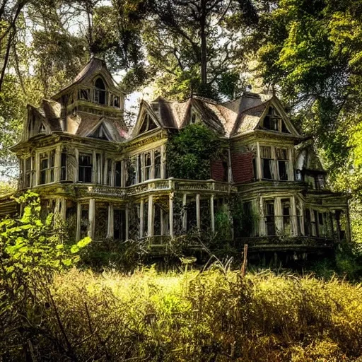 Image similar to abandoned victorian mansion, cobwebs, haunted, nestled into a clearing in a forest, light shining through the foliage