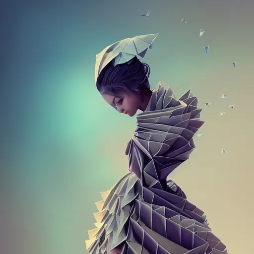 Image similar to 3 / 4 view of a beautiful girl wearing an origami!! dress, ground - level medium shot, elegant, by eiko ishioka, givenchy, philippe druillet, by peter mohrbacher, centered, fresh colors, origami, fashion, detailed illustration, vogue, high depth of field, japanese, reallusion character creator