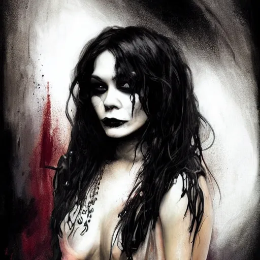 Image similar to beautiful portrait of vanessa hudgens as death from sandman, smiling, by cedric peyravernay, alphonse mucha, by jeremy mann, by lecouffe deharme, goth chic, soft lightning, eyeliner, punk rock, high detailed, 8 k