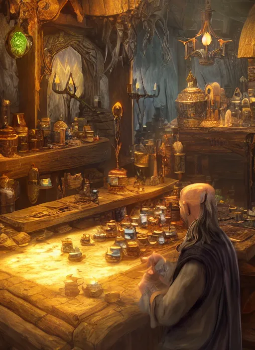 Prompt: potion seller in his store selling potions, ultra detailed fantasy, elden ring, realistic, dnd, rpg, lotr game design fanart by concept art, behance hd, artstation, deviantart, global illumination radiating a glowing aura global illumination ray tracing hdr render in unreal engine 5