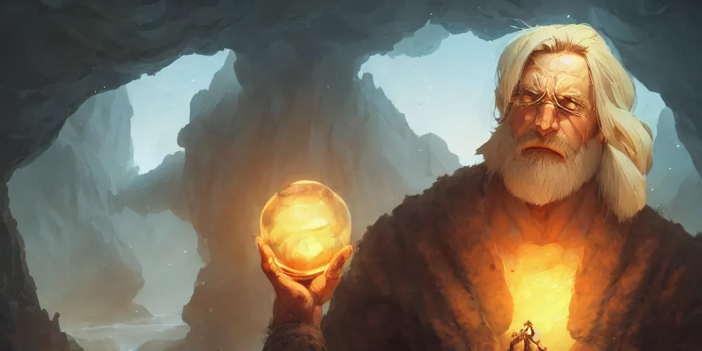 Prompt: Muscular old man with blond hair and beard inside a amber stasis crystal. In style of Greg Rutkowski, Jesper Ejsing, Makoto Shinkai, trending on ArtStation, fantasy, great composition, concept art, highly detailed, scenery, 8K, Behance.