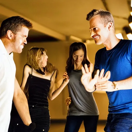 Image similar to photo of a 4 0 year old white man living thinking he's living the best life possible. he looks young for his age. he is at a dance club, it's as if he were in a music video. young woman are flocking to him and can be seen dancing around him in a seductive manner.