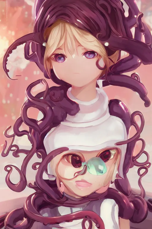 Image similar to a cute android maid girl cooking angry octopus, tentacles all over, character art portrait, anime key visual, official media, illustrated by wlop, extremely detailed, 8 k, trending on artstation, cinematic lighting, beautiful,