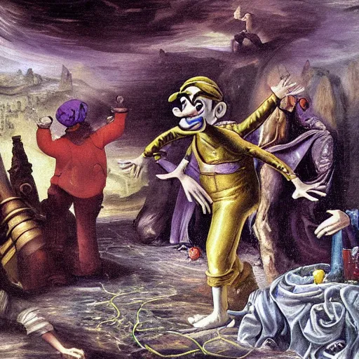 Prompt: waluigi emerges from the sewer to shame mankind, baroque oil painting, detailed, dramatic