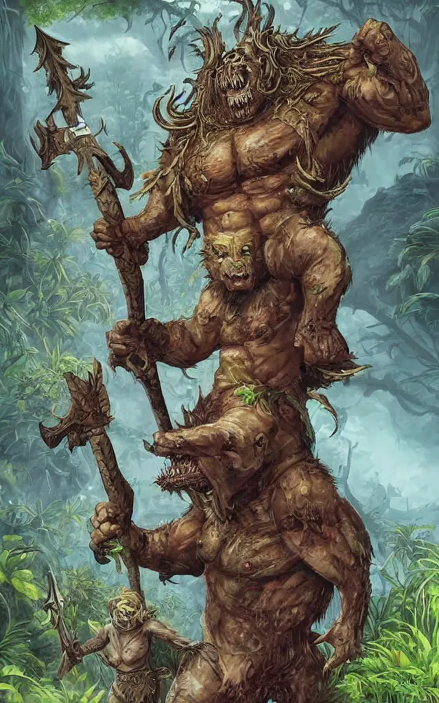 Prompt: giant orc and angler - fish hybrid beast holding an axe : : fantasy style : : jungle scenery