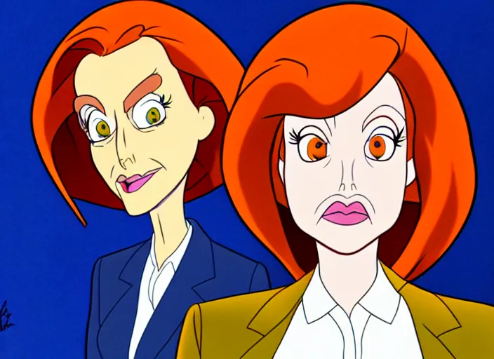 Image similar to a shaded animation cel of dana scully, realistic anatomy, in the style of don bluth, disney, dreamworks animation, filmation, toei animation, studio trigger, bruce timm, jack kirby, studio ghibli, 5 k, artstation trending