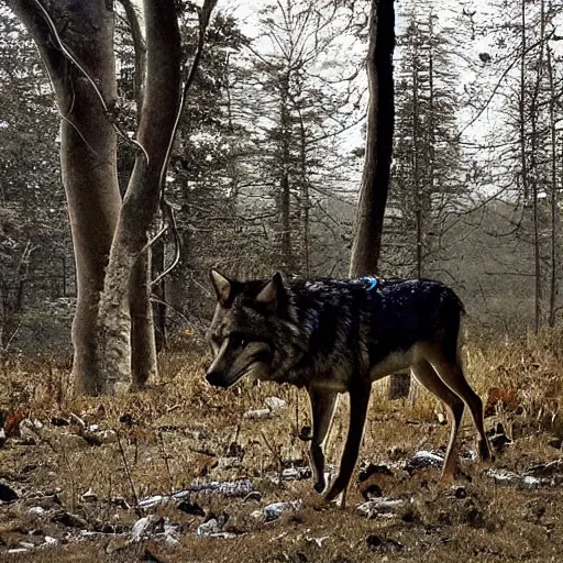 Prompt: giant wolf, deer cam night photograph