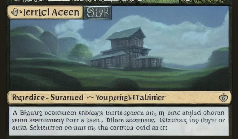 Image similar to A serene landscape with a singular building in the style of magic the gathering