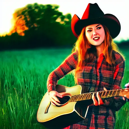 Prompt: a female fluffy anthropomorphic fox animal, wearing cowboy hat, wearing plaid shirt, playing guitar, in a field, barn in background, album cover style